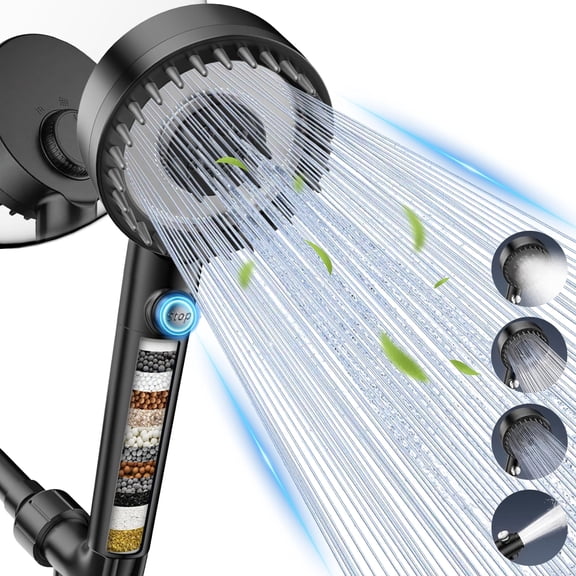 FEELSO 4 Setting Handheld Shower Head, High Pressure Showerhead with Filters, Hard Water Softener, Black