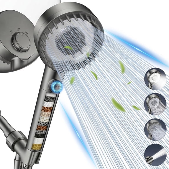 FEELSO 4 Setting Handheld Shower Head, High Pressure Showerhead with Filters, Hard Water Softener, Gary