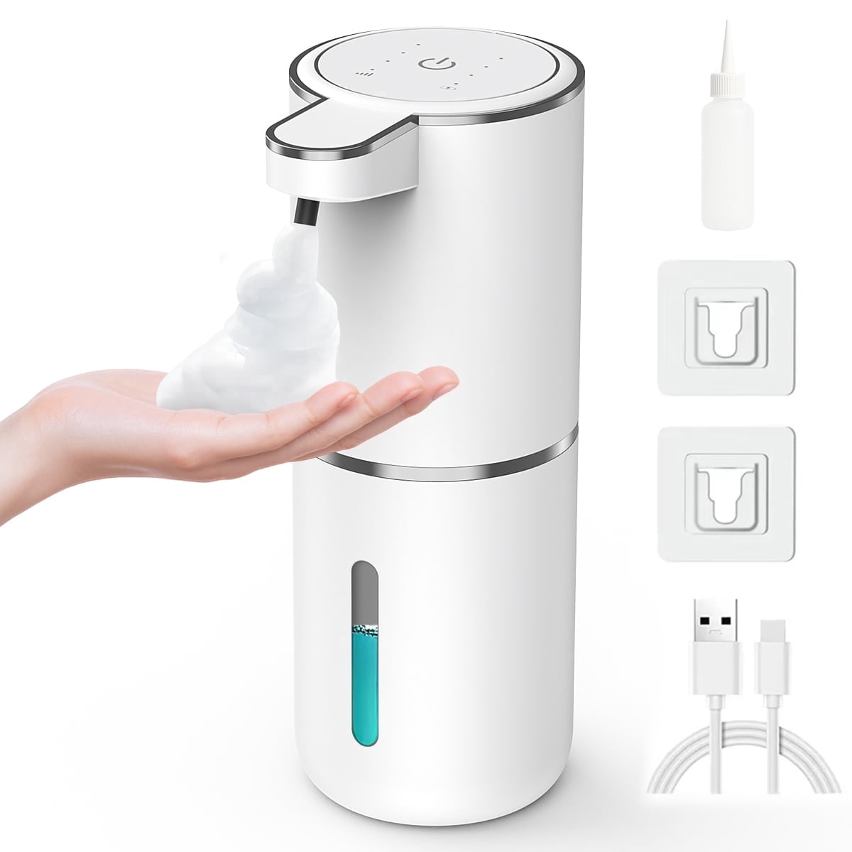FEELSO Automatic Soap Dispenser, Touchless Foaming USB-C Rechargeable, 4-Level Adjustable, Wall Mount or Countertop, White
