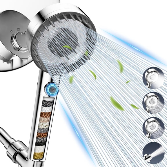 FEELSO Filtered Shower Head with Handheld, High Pressure 4 Spray Mode Showerhead, Water Softener Beads for Hard Water (Chrome, 5 Inch Panel)