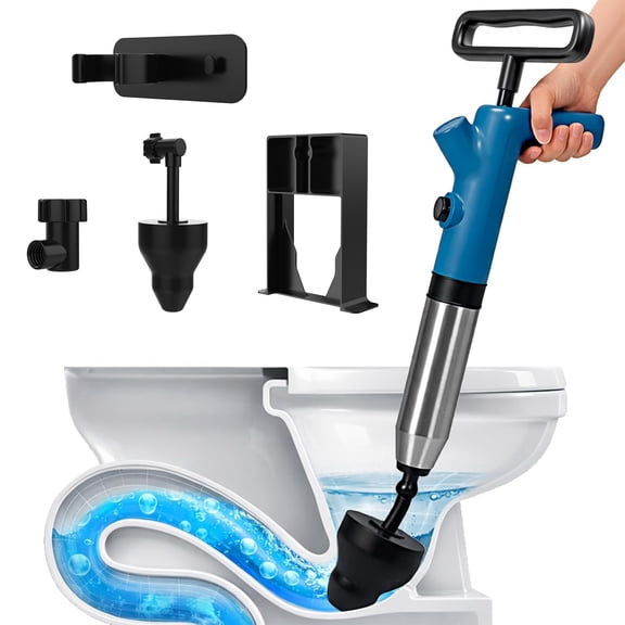 FEELSO Heavy Duty Toilet Plunger, High Pressure Air Drain Blaster with Barometer, Sink Plunger & Toilet Auger Multi-Drain Unclogger, Blue