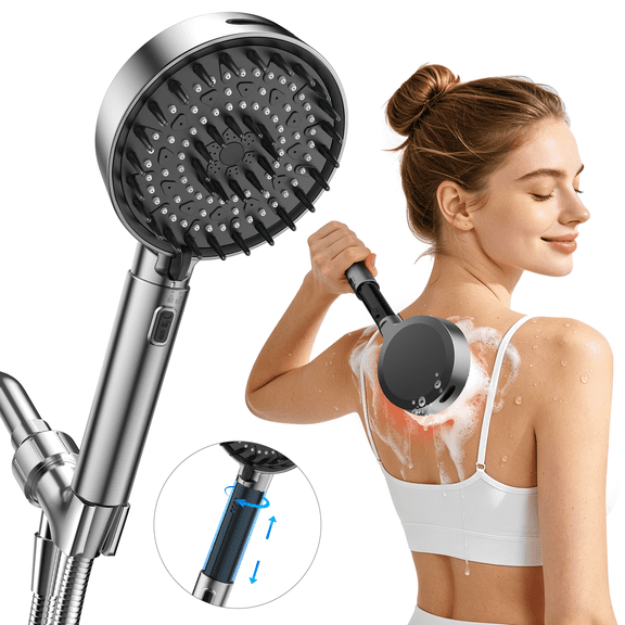 FEELSO High Pressure Showerhead with Handheld, 6-Spray Retractable Shower Head with 108 Anti-Clog Nozzles & Extendable Handle, Grey