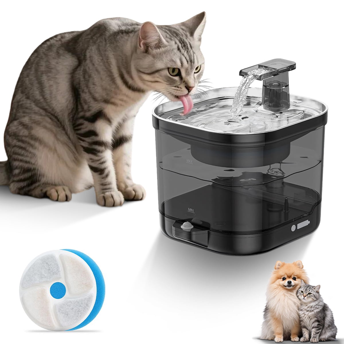 FEELSO Pet Water Fountain 2L Stainless Steel Wireless Cat Water Fountain with Smart Sensor for Cats & Dogs, 20dB Silent, Black
