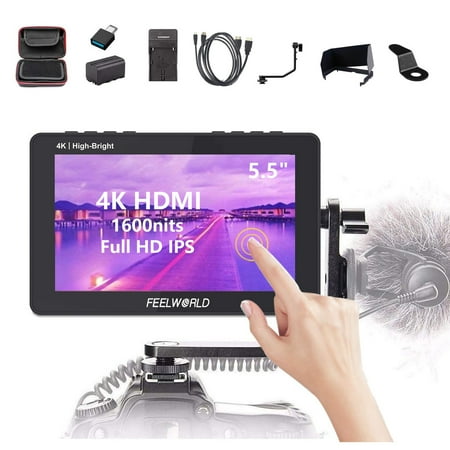 FEELWORLD F6 Pro +NP-F970 Battery, Charger, Storage Case kit, 5.5 Inch 4K HDMI Touch Screen On-Camera Monitor 1600nits High Bright FHD 1920x1080 Filed Monitor with F970 External Install and Power kit