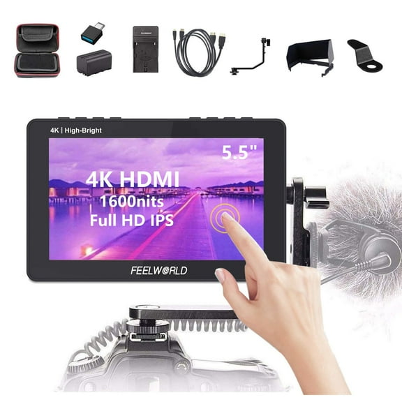 FEELWORLD F6 Pro +NP-F970 Battery, Charger, Storage Case kit, 5.5 Inch 4K HDMI Touch Screen On-Camera Monitor 1600nits High Bright FHD 1920x1080 Filed Monitor with F970 External Install and Power kit