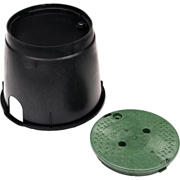 FEFEDFAA-111BC 10 in. Round Standard Series Valve Box and Cover, 10 in. Height, Irrigation Control Valve Lettering, Black Box, Green Overlapping Cover, Black/Green