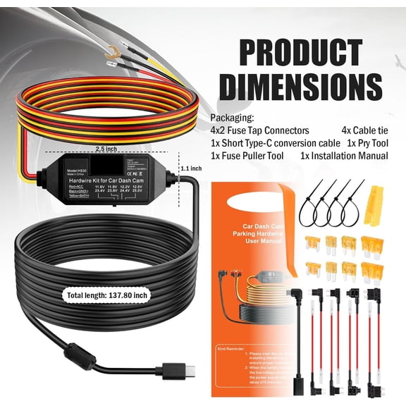 FEFEDFAA-12-24V to 5V/3A Dash Cam Hardwire Kit with Voltage Display,Type-C Acc Hardwire Kit for Dash Camera with Low-Voltage Protection,24/7 Parking Mode Dashes Cam Hardwires Kits USB C