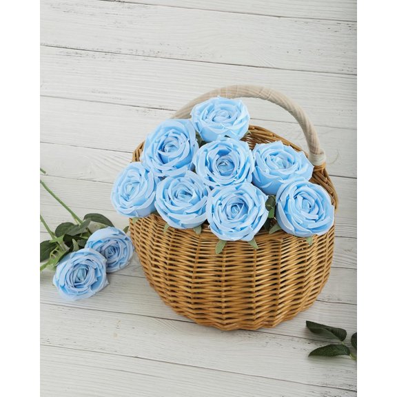 FEFEDFAA-12pcs Fake Roses Artificial Silk Roses Long Stems Bouquet for Arrangement Wedding Centerpiece Party Home Kitchen Decor(Sky Blue)