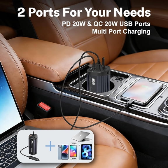 FEFEDFAA-150W Car Power Inverter Cup Holder, 12V DC to 110V AC Power Converter with 1 AC Outlet and 1 USB-QC, Car Plug Adapter Car Outlet Adapter for Laptop, Computer, Phones on Camping Road Trip
