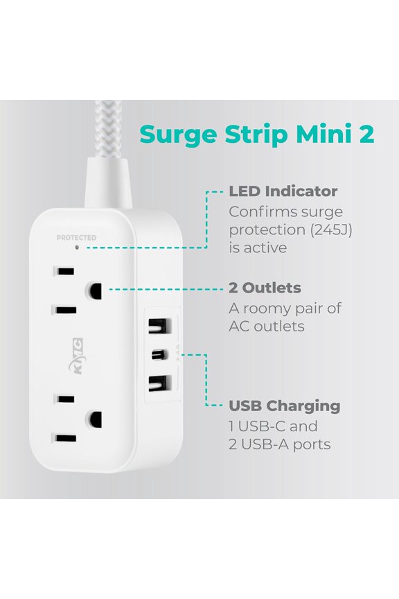 -2-Outlet Mini Surge Protector Power Strip, 1 USB-C & 2 USB-A Ports, 245J Surge Protection, 5ft Braided Cord, 3-Prong Low-Profile Flat Plug, UL/ETL Certified, White