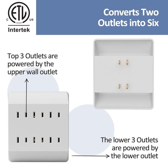 FEFEDFAA-2-Prong 6-Outlet Extender, Multi Plug Outlet with 6 Electrical Outlets Adapter, Quick and Easy Install, Home Essentials, ETL Listed, 125V, 15A, Max 1875W, White