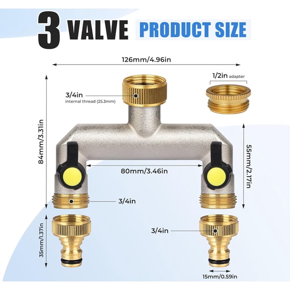 FEFEDFAA-2 Way Heavy Duty Faucet Splitter, Two Way Hose Splitter Brass Tee Valve with Handle 3/4" Garden Hose Connector Dual Outlet, Spigot Splitter 2 Way for Home, Yard, Washing Machine, Garden Hose
