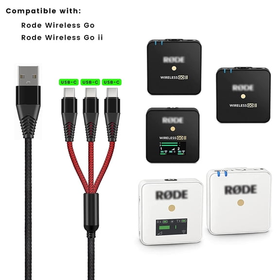 FEFEDFAA-3-in-1 USB C Cable Replacement for Rode Wireless Go II Microphone System, Nylon Braided Charging Cord with 3 Type-C Plugs 4ft
