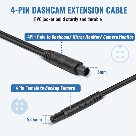 FEFEDFAA-4 Pin Extension Cable (16.5FT/5M) for Dash Cam Rear View Backup Camera Reverse Car Recorder Mirror Dashcam 4PIN Male to Female Extender Extension Cord Cable Wire, Pure Copper No Lagging