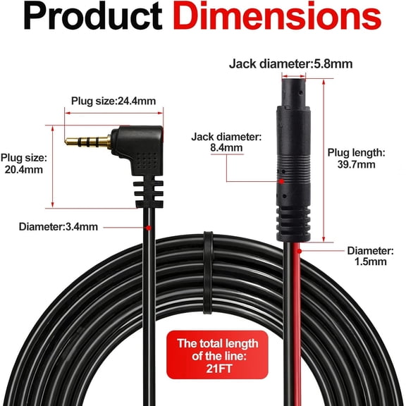 FEFEDFAA-4-Pin Rear Camera Extension Cable 2.5mm Jack for G840S/G930/G850/G900PRO/i07/i17/T10 Plus/F150 Dash Cam Backup Rear Cable Camera Extension Cord 21FT 