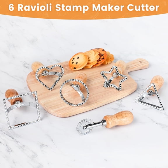 FEFEDFAA-6PCS Ravioli Stamp Maker Cutter,Roller Wheel Included,Pasta Maker Mold with Wooden Handle and Fluted Edge,5 Different Shape Cutters,for Ravioli,Pasta,Dumplings Lasagna,Pierogi