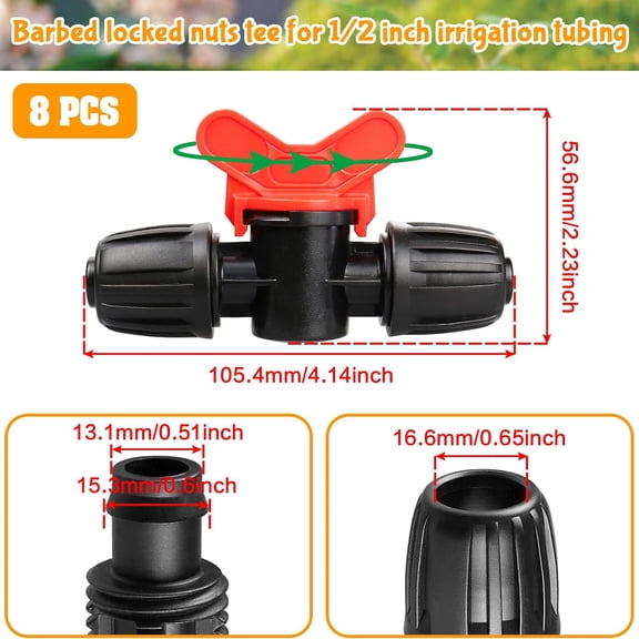 FEFEDFAA-8 Pack Drip Irrigation Valve for 1/2 Inch Drip Tubing (1/2" ID x 0.65" OD)1/2'' In-line Locked Barbed Ball Valve Drip Line Shut Off Valve Parts In Irrigation System for Garden