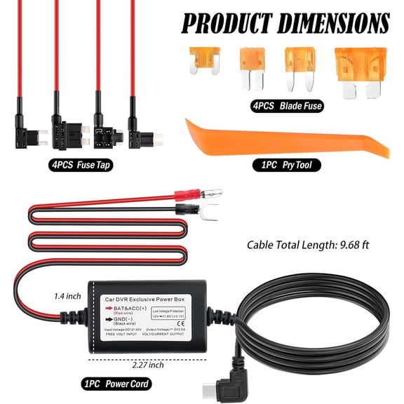 FEFEDFAA-9.68Ft Dash Cam Hardwire Kit USB C,12V-30V to 5V Hardwire Kit for Dash Camera with Low Voltage Protection,Dashcam Hardwires Kits Includes 4PCS Fuse Tap & 4PCS 5A Blade Fuse