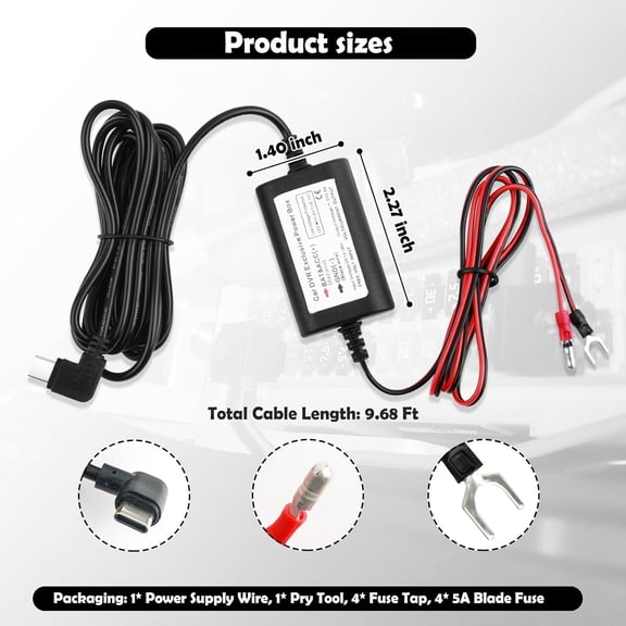 FEFEDFAA-9.68Ft Type C Dash Cam Hardwire Kit,Low Voltage Protection Hardwire Kit for Dash Camera with 4PCS Car Fuse Tap and 4PCS 5A Blade Fuse,12V-30V to 5V Dashcam Hardwires Kits USB C