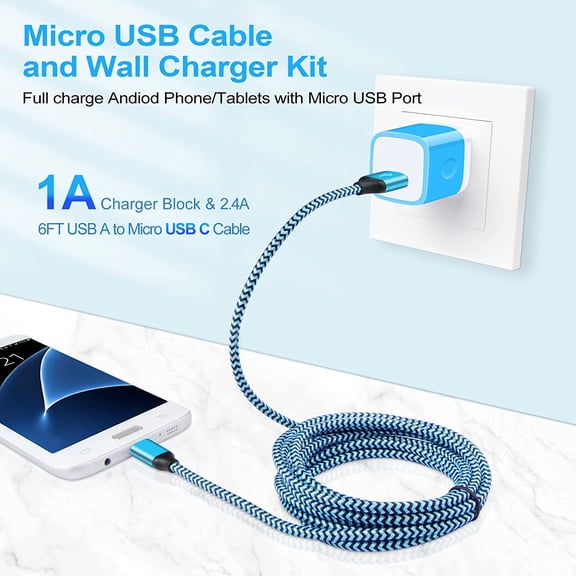 FEFEDFAA-Android Charger Micro USB Cable Single Port Wall Block Phone Plug 6FT Charging Cord for Samsung Galaxy S7 S6 Edge/Active/S5 S4 S3 S2, Note 6 5 4,A10 J8 J3V J7V J7 J3 J6 J5 J2, Blue, PT-WC-03