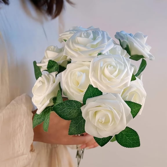 FEFEDFAA-Artificial Ivory Foam Roses with Stems & Leaves - Pack of 50, Perfect for Wedding Centerpieces, Event Decor, DIY Bouquets, and More
