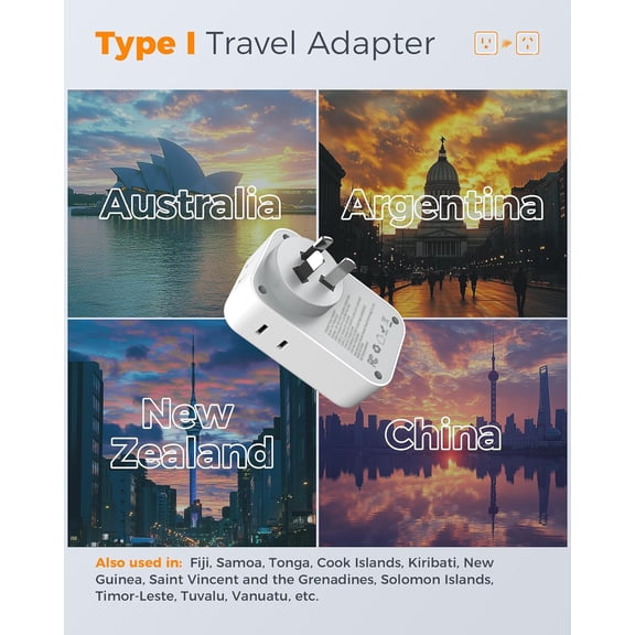 FEFEDFAA-Australia New Zealand Power Adapter PD 20W, Type I Travel Plug Adaptor with 4 Electrical Outlets 4 USB Ports (2 USB-C) for US to Fiji Australian AU Argentina China Solomon Uruguay Tonga