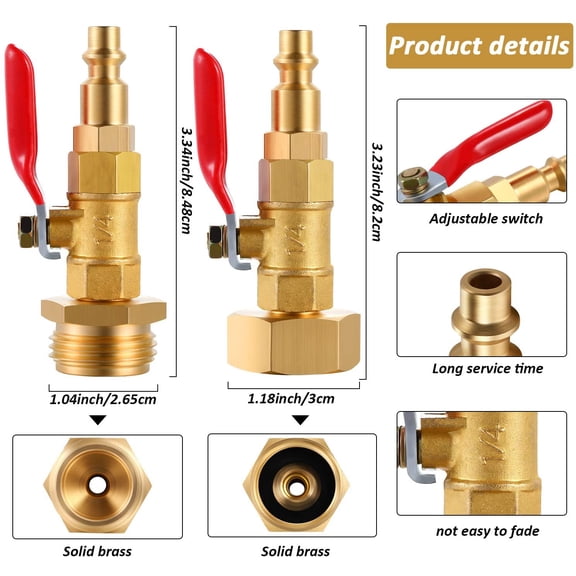 FEFEDFAA-Brass Winterize Blowout Adapter with 1/4 Inch Male Quick Connecting to 3/4" Male or Female GHT Thread Female Garden Hose Threading, Winterize Adapter with Ball Valve