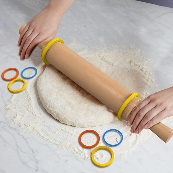 FEFEDFAA-Classic Wooden Rolling Pin with Handle and Pastry Mat for Fondant, Pizza, Pies, Cookies, Rolling Pin for Baking with 3 Multi-Color Thickness Rings, 17" x 2.5" Natural Beechwood