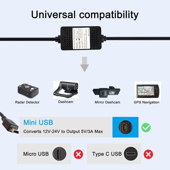 FEFEDFAA-Dash Cam Acc Hardwire Kit Mini USB Hardwire Dashcam Kit Step-Down Cable, 12V-24V to DC 5V 3A Car Dash Charger Power Cord for Cars Camera GPS11.5FT