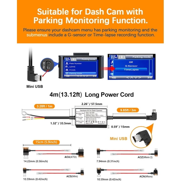 FEFEDFAA-Dash Cam Hardwire Kit Mini USB, 4m/13.12ft 12V-24V to 5V Car Dash Camera Charger Power Cord, 3 cores, 4 Types / 8 adapters, Hard Wiring Kit for Dash Cams (Mini USB)
