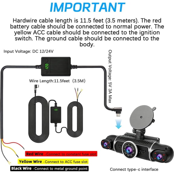 FEFEDFAA-Dash Cam Hardwired Kit, 12V-24V to 5V Adapter Power Cable, 24/7 Parking Mode, with Voltage Display, Acc Detection, 4-Level Low Voltage Protection (11.6V/11.9V/12.2V/12.5V)for 90% of dashcams