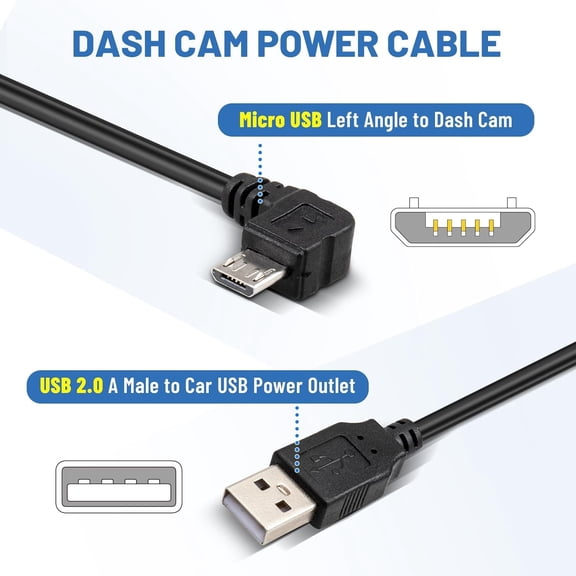 FEFEDFAA-Dash Cam Mircro USB Power Cord 16.5ft, USB 2.0 A to Micro-B Left Angle 90 Degree Replacement Power Supply Cable Car Charger Adapter USB Connector for Dashcam Dash Board Recorder Recording Ca