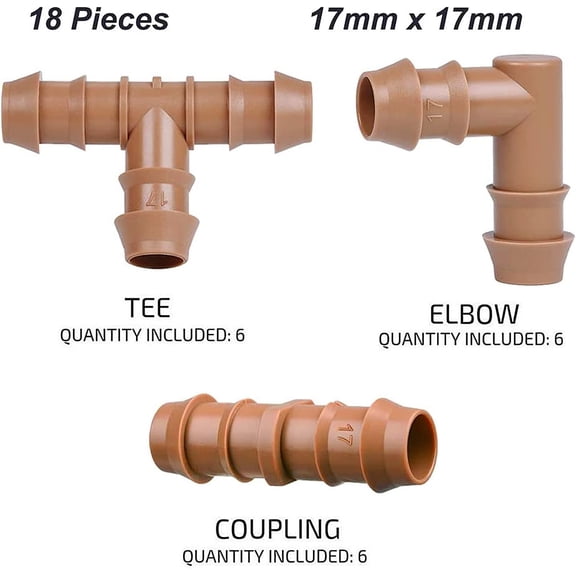 FEFEDFAA-Drip Irrigation Fittings Kit for 1/2" Tubing, 18 Pieces Set Barbed Connectors - 6 Tees, 6 Couplings, 6 Elbows - Drip Line Parts (17mm .600" ID) Half Inch for Garden Sprinkler Systems