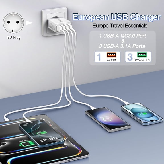 FEFEDFAA-European USB Charger, Quick Charge 3.0 40W USB Charger Block EU Plug 4 Port European Travel Plug Adapter for iPhone 17 16 15 14 13 12 11 Plus Pro Max X 8, Galaxy, LG, Pixel, Android