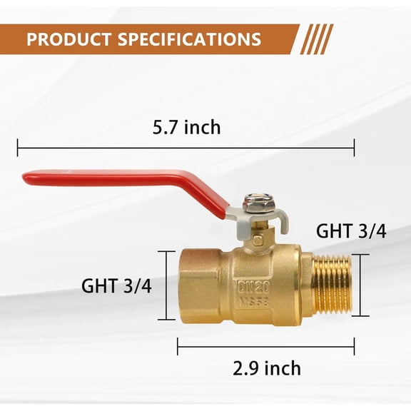 FEFEDFAA-Garden Hose Shut Off Valve, 3/4 GHT Full Flow Brass Ball Valve with Long Handle, Heavy Duty Water Control for Outdoor Faucet/Hose Bib, One-Hand Operation for Irrigation & Sprinkler