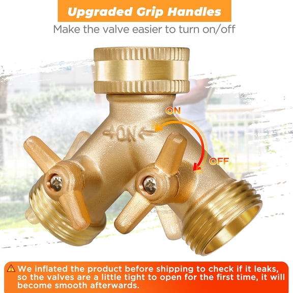 FEFEDFAA-Garden Hose Splitter 2 Way Heavy Duty with Upgraded Handles, Solid Brass Water Faucet Y Splitter Hose Bib Splitter Connector Adapter with Comfortable Grip Shut Off Valves and 6 Rubber Washer