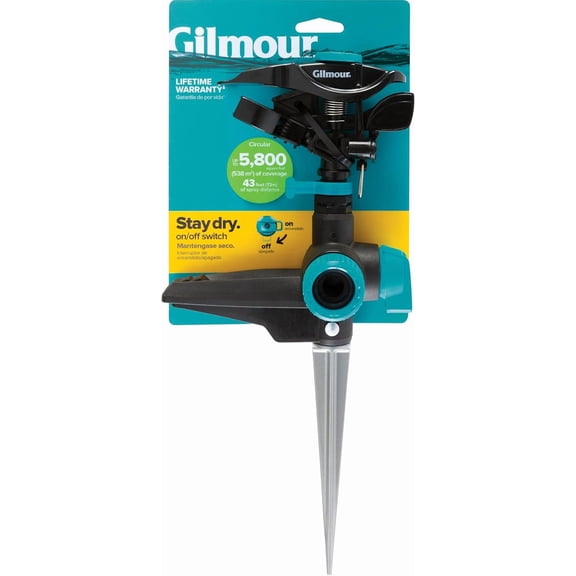 FEFEDFAA-Gilmour Heavy Duty Circular Water Sprinkler with Spike Base, Rotating Sprinkler Head with Adjustable Spray Pattern, Lawn Sprinkler for 5800 Sq Ft Coverage