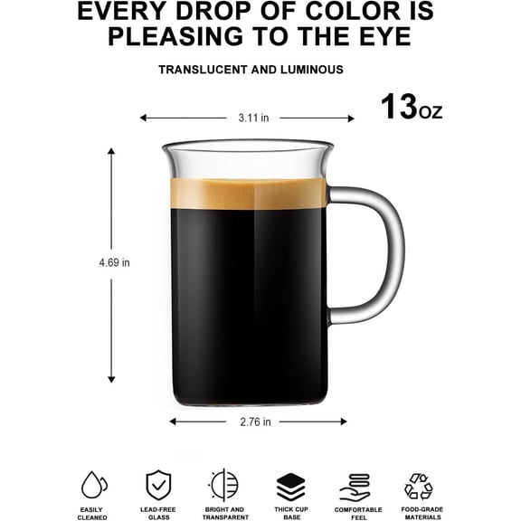 FEFEDFAA-Glass Coffee Tea Cups(Set of 2)-13 oz,Clear Glass Mugs,Tall Drinking Glasses for Cappuccino,Latte,Espresso,Lead-free Drinking Glasses Great for Juice,Water,Beer,Milk Hot And Cold Drinks