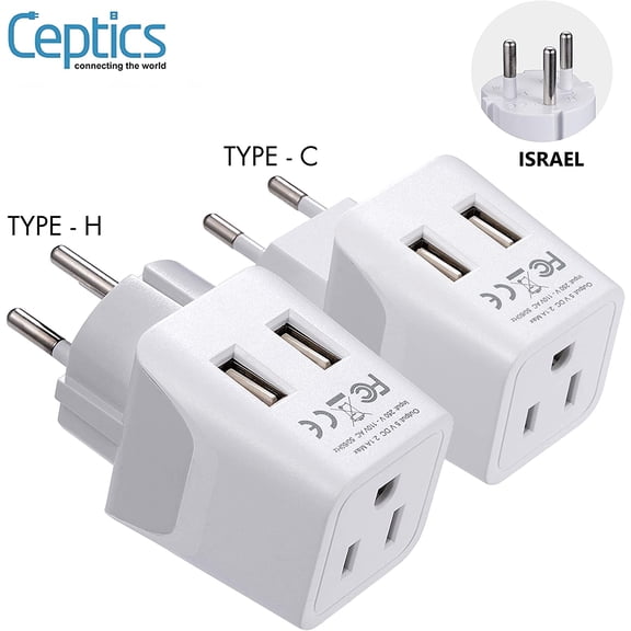 FEFEDFAA-Israel, Palestine Travel Plug Set - with 2 USB + USA Socket Input - Type H and Type C- Ultra Compact - Safe Grounded Perfect for Cell Phones, Laptops, Camera Chargers