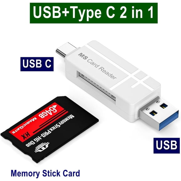 FEFEDFAA-MS Card Reader, 2-in-1 USB-C and USB-A Memory Stick Card Adapter, Plug-and-Play for Cameras, Smartphones, Laptops and Tablets, White