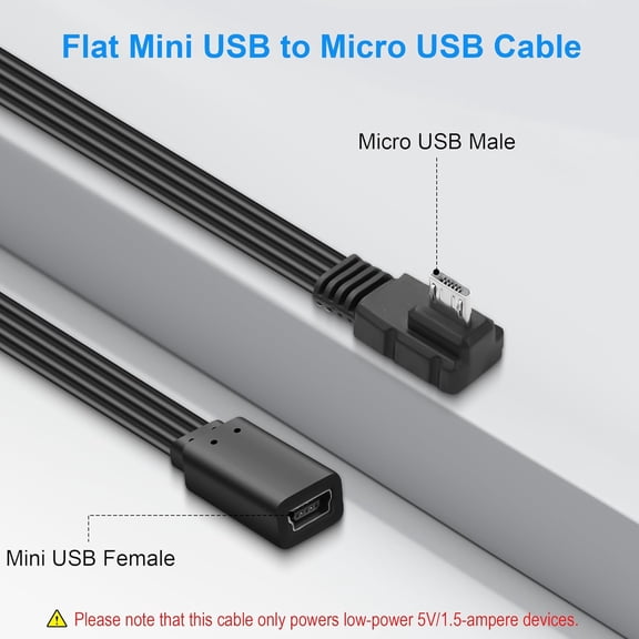 FEFEDFAA-Micro USB to Mini USB Flat Extension Cable,Left Angle Micro 5P Male to Mini USB 5P Female Connector Adapter Support Charge & Data Sync for MP3 Player,Dash Cam,Digital Camera 7.87in