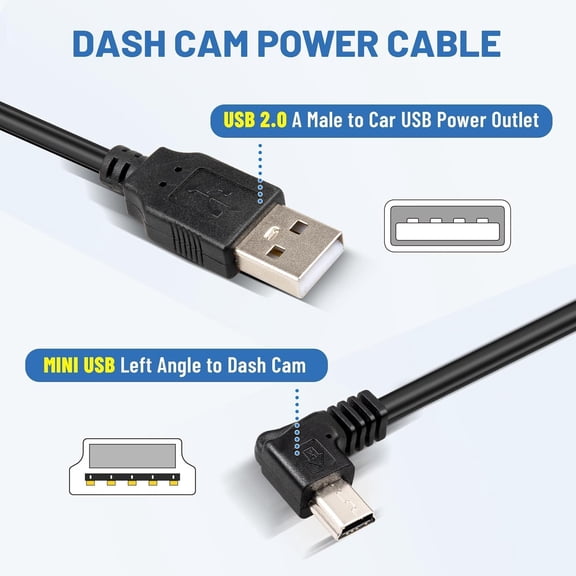 FEFEDFAA-Mini USB Dash Cam Power Cable 13ft, for Rexing V1 Pro V5 V3 Byakov S6 Rove R2-4K Dashcam Dashboard Camera Recorder, USB 2.0 A to 90 Degree Left Angle Mini-B Charging Cord Car Charger Adapter