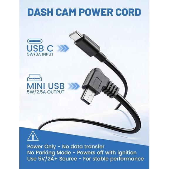 FEFEDFAA-Mini USB Dash Cam Power Cord 10ft, USB-C to Left Angle Mini-b Cable, Replacement Dashcam Power Supply Cable for Front Rear Dashboard Camera, Compatible with Car Type-C Port