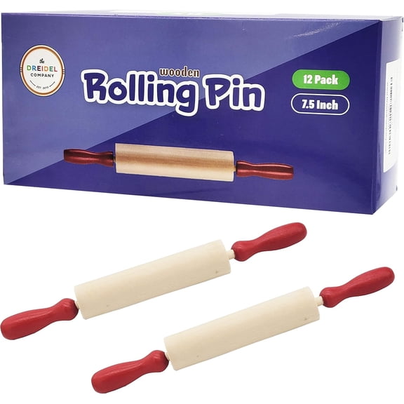 FEFEDFAA-Mini Wood Rolling 7.5 Inch 12-Pack Rolling Pin for Play Dough For Little Bakers, With Red Handles Arts and Crafts Clay Roller, 7.5" (Pack of 12)