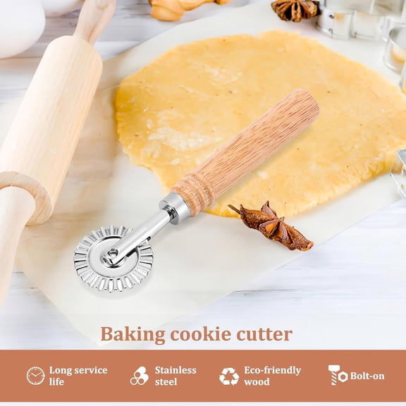 FEFEDFAA-Pastry Cutter Wheel, Ravioli Cutter Wheel with Long Wooden Handle, Pasta Cutter Dumpling Lace Making Noodle Ruffled Edge Cookies Pie Cutter Kitchen Dough Cutting Tool