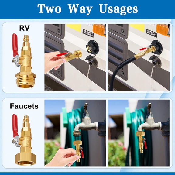 FEFEDFAA-RV Winterize Blowout Adapters, 3/4'' GHT Male & Female Brass Winterizing Plugs, Air Compressor Sprinkler Blow-out Fitting Connector with Shut off Valve, for Camper,Boat,Garden Faucet Marine
