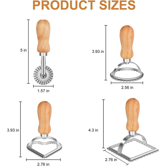 FEFEDFAA-Ravioli Stamp Maker Cutter with Roller Wheel (Set of 4), Wooden Handle and Fluted Edge, for Ravioli, Pasta, Dumplings Lasagna, Pierogi