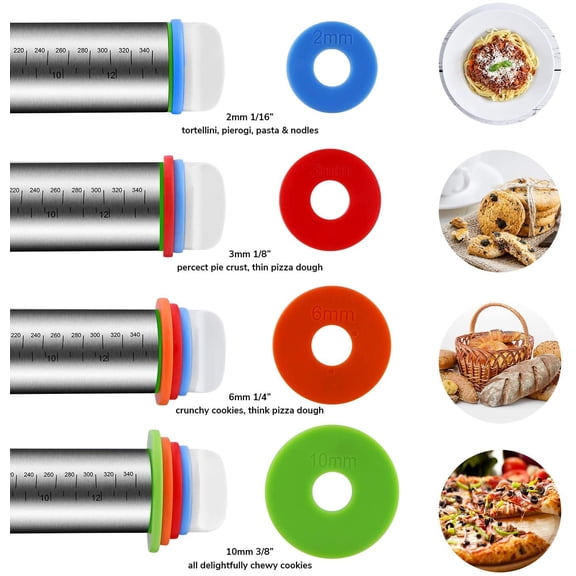 FEFEDFAA-Rolling Pin and Pastry Baking Mat Set, Rolling Pins with Adjustable Thickness Rings, Stainless Steel Dough Roller for Baking Fondant, Pizza, Pie, Pastry, Pasta, Cookies (Black Mat)