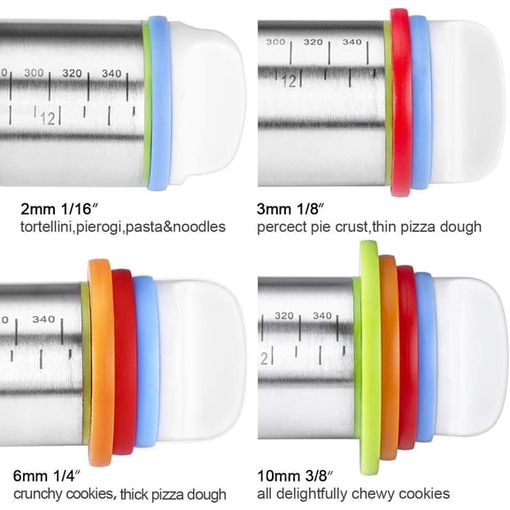 FEFEDFAA-Rolling Pin and Pastry Baking Mat Set, Rolling Pins with Adjustable Thickness Rings, Stainless Steel Dough Roller for Baking Fondant, Pizza, Pie, Pastry, Pasta, Cookies (Red Mat)
