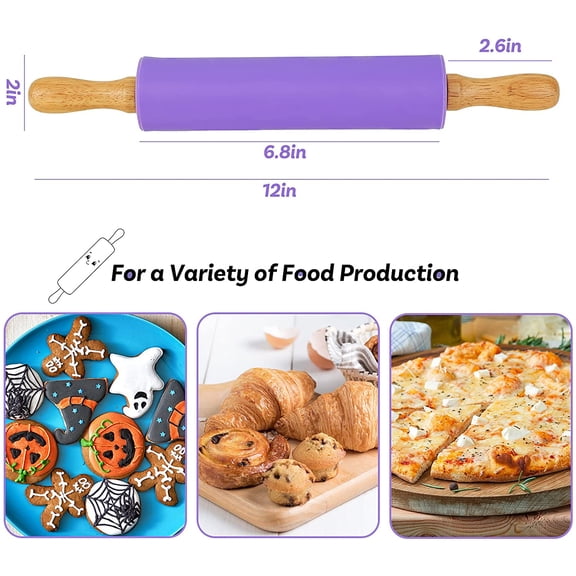 FEFEDFAA-Rolling Pin for Baking, 12 Inch Non-Stick Silicone Surface, Wooden Handle Rolling Pin for Baking Pies, Pastry, Cookies, Kitchen Essential